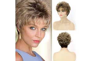 AIYLMZ Krótkie, puszyste blond peruki dla kobiet, brązowa peruka bob z krojem pixie i grzywką, ciemne peruki syntetyczne (mieszany brąz), Blond, mieszany brąz