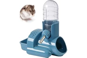 TOKAYIFE Hamster Water Bottle, 3 in 1 Water Bottle Automatic Dispenser with Food Container Base Hut and Hideout Base Gerbil Rat Dwarf Hamster Small Mice[120ml/4oz, Blue]