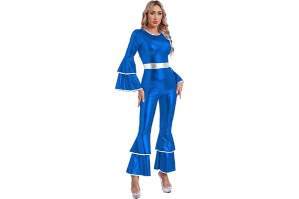 Msemis 70-tals discopatkostym för kvinnor, långärmad glänsande jumpsuit, overall, bodycon bell, flare-byxor, karnevaldräkt, karneval