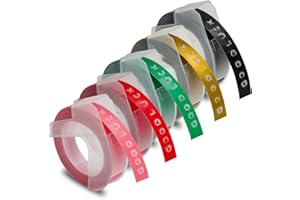 HOME COLORTLY Cinta de etiquetas en Relieve 3D de 5 Colores Compatible con la Cinta Etiquetadora Dymo Omega Junior Motex, Impresión Blanca Sobre Fondo Negro/ Dorado/ Verde/ Rojo/ Rosa de Autoadhesiva de 9mm x 3m