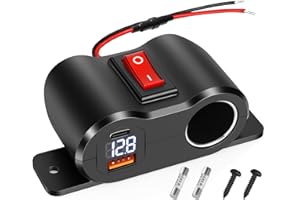 MUHOGXIO 48W QC3.0 &PD3.0 USB Accendino Presa di Alimentazione Caricatore da Auto,Presa accendisigari 120W con Voltmetro blu e Interruttore,per Barca, Auto, motocicletta