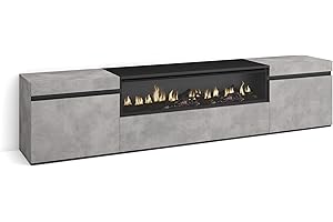 Skraut Home | Mueble TV | Televisión | Muebles de salón, almacenaje | 200x45x35cm | para TV hasta 80" | Chimenea eléctrica | Estilo Moderno | Cemento