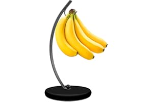 HOMKULA Banana Holder Stand - Banana Hook Hanger, Banana Tree Holder, Banana Rack for Kitchen Counter, Stainless Steel&Wooden Base, Full Black