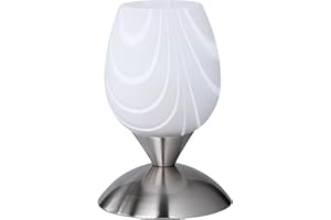 RL LIVE YOUR LIGHT Reality Leuchten R59431001 Cup Tischleuchte, exkl. 1x E14 max. 40 Watt, Nickel matt, Glas weiß satiniert mit Streifen, (Streifen kann variieren) 18x18x12 centimeters