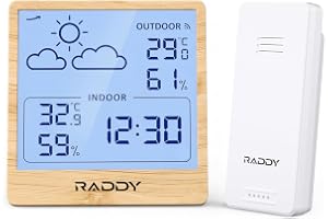 Raddy WF-50T Trådlös Väderstation Inomhus Utomhus Termometer Hygrometer, Batteridriven Temperatur & Luftfuktighetsmätare med 5,0'' TN-Display, Väderprognos, Fjärrsensor