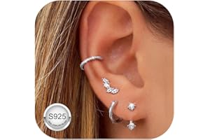 FIOROYAL 4Pares Pendientes Mujer Plata de Ley 925- Chapada en Oro de 14K Pendientes Dorados para Piercing Oreja, Pendientes Pequeños Aros Ear Cuff Plata para Múltiples Piercings