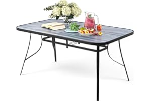 The Fellie Garden Table Patio Table with Parasol Hole Wood Grain Tempered Glass Top Outdoor Dining Table Rectangle Bistro Table