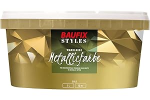 BAUFIX Metallicfarbe gold, seidenglänzend, 1 Liter, Wandfarbe, mit Metallic-Optik, perfekt für Wände und Möbelstücke geeignet, Farbe für Mauerwerk/Beton/Putz/Tapeten