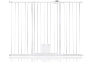Bettacare Barrière pour Chien avec Chatière Verrouillable, 139,8 cm - 147,4 cm, Blanc, Hauteur de 104 cm, Barrière de Sécurité pour Animaux Extra Haute avec Chatière pour Chat