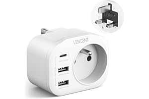LENCENT Adaptateur Prise UK Anglaise Française Prise, avec 2 Ports USB et 1 Port USB-C adapté à Angleterre, Irlande, Royaume-Uni, Écosse, Adaptateur électrique Mâle UK/Femelle France, Type G