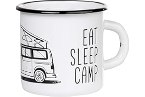 Tasse en émail avec campingbus design - pour camping, vanlife - 300ml - MUGSY.de - EAT SLEEP CAMP