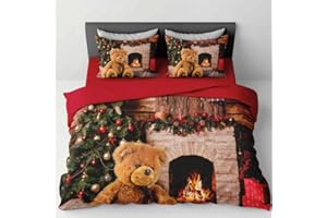 INTRECCI Copripiumino in Cotone Sogni d’Oro, Parure Copri Piumino con Federe Set Sacco Piumone Disponibile in più Fantasie (Set Sacco Matrimoniale + 2 Federe, Dis. 68 Orsetto e Camino)