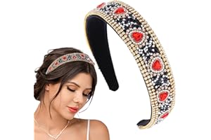 Flayem Rhinestone Headband Vintage Sparkly Red Crystal Headband Gorgeous Padded Wide Hair Band Jewelry Accessories Prom Banquet Headwear for Christmas Women and Girls (Red Heart)