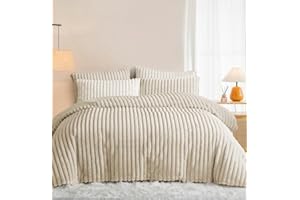 Lanqinglv Winter Plüsch Bettwäsche 135x200 Beige Warme Flauschig Flanell Kunstfell Streifen Winterbettwäsche,Teddy Fleece Cashmere Touch Bettbezug mit Reißverschluss und 1 Kissenbezug 80x80cm