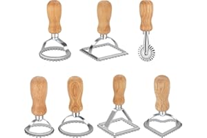 Foyucool Juego de 7 Cortadores De Raviolis, Raviolis Molde Cortador, Cortador de Ravioli Cuadrado/Redondo/Corazón, con Mango de Madera y Borde Acanalado, para Ravioli, Pasta, Lasaña, Pierogi