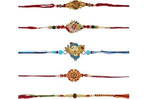 SWACRAFT Set of 5 Rakhi for Brother | Om Rakhi for Small Brother Sister| Rudraksha Rakhi for Brother Bhaiya Bhabhi | Designer Ganesha Rakhi for Brothers & Sister | VRDUK0253K