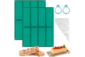 FWHFNB 2 Pezzi Stampi da forno per barrette di cereali,Stampo Rettangolare in Silicone a 8 Cavità,con 100 sac à poche usa e getta,senza BPA,per barrette di cereali,Torrone,Cioccolato,Torte (Verde)