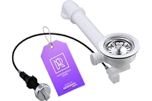 M. ROSENFELD HOME Vanne Excentrique Universelle 3 1/2" avec Coude De Sortie - Vidage 1 1/2" Évier avec Trop-Plein - Vidage Gain De Place Évier De Cuisine avec Commande Rotative à Câble - Vanne à Panier 114mm