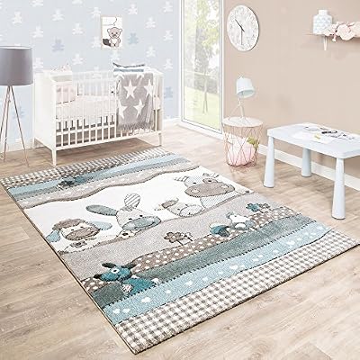 Paco Home Tapis Pour Enfants Chambre D’Enfant Contours Découpés Ferme Animaux Beige Crème Couleurs Pastel, Dimension:160x230 cm