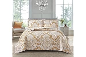 Householdfurnishing 3 Piece Printed Patchwork Bedspread Quilted Bed Throw Comforter with Pillow Shams (Royal Damask Gold, King)