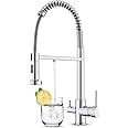 KEOKBON 3 Way Kitchen Tap with Spray, 360° Swivel Spring Three Way Tap with Filtered Water Outlet, 3 in 1 Kitchen Sink Tap with Pull Out Sprayer, Triflow Kitchen Faucet with 2 Handles, Chrom