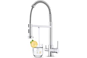 KEOKBON 3 Way Kitchen Tap with Spray, 360° Swivel Spring Three Way Tap with Filtered Water Outlet, 3 in 1 Kitchen Sink Water Mixer with Pull Out Sprayer, Triflow Faucet with 2 Handles, Chrom