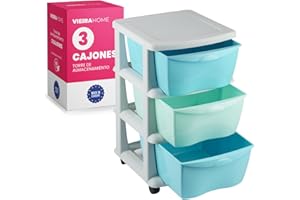 VIEIRA HOME Torre de Almacenamiento con Cajones |Cajoneras Plastico Duro Almacenaje con ruedas con 3 cajones | Escritorio,Oficina, escuela,baño, sala de estar - 63x40cm - Hecho en E.U (Azul)