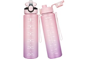 Seekua Sport Tritan Gourde 1l avec Paille & Marqueur de Temps, Motivation Bouteille d'eau sans bpa reutilisable pour Running, Gym, Fitness, 2 Couvercles, 1 litre