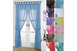 John Aird Pair Of Woven Voile Tab Top Curtain Panels. Tiebacks Included (Blue, 58" Wide x 90" Drop)