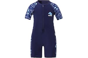 Xumplo Boys Swimming Costume Kids One Piece Swimsuit Short Sleeve Zipper Beach Swimwear Dinosaur Rash Guard Bathing Suit Dark Blue 3-10 Years