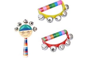 FDRJKN 2 Pcs Tambourine And 1 Pcs Smile Jingle Hand Bells, Tambourine For Kids, Baby Tambourine, Baby Bell, Wooden Musical Instruments For Children For Kids Baby Adult Best Holiday Birthday Party Gifts