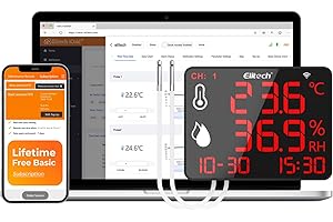 Elitech Termómetro WIFI Industrial con pantalla grande, medidor de temperatura y humedad, registrador de datos con sensores externos, supervisión en tiempo real para almacenes, laboratorios, hogar