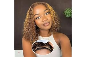 FEIBIN Perruque Femme Naturelle Pre Cut Lace Bob 4x4 Perruque Sans Colle Highlight Ombre 4/27 Pré-cut Cheveux Humains Pre Plucked Deep Curly Bob Perruques 8 Pouces Lace Bob Wig