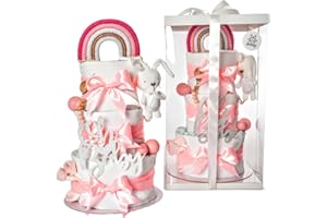 ‎LIMELY XXL Handgemachte Windeltorte Mädchen mit Geschenkverpackung, Kuscheltier, Bio Mulltücher, Grußkarte, Söckchen, Pampers Windel, Baby Geschenk, Geburtsgeschenk Mädchen, Babyparty (Rosa)