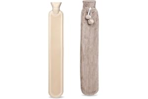 LYMYBETY Long Hot Water Bottle with Fluffy Cover, Large 2L Capacity Hot Water Bottle with Soft Premium Faux Fur Cover, 73cm Rubber Hot Water Bag for Neck, Waist, Abdomen, Legs (Khaki)