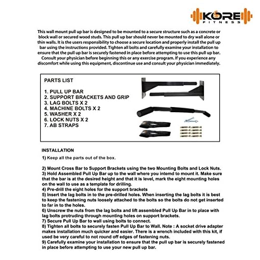 Kore K-WM-CHINUP-BAR-SR-ABS Wall Mount Pull-Up Bar and Ab Strap Combo Maximum Load 120 KG (Top Rod length 38 Inch) - Image 7