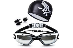Canst Kaser Ajustable conjunto de gafas de natación y gorra, sin fugas antiniebla, protección UV de triatlón con pinza-nariz, tapones para los oídos, carcasa para adulto y mujer juvenil