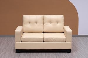 SOFAHEAVEN Cube -Cream Bonded Leather 3+2 Seater Sofa Set- Highback Fabric Couch Living Room Furniture - 3 Seater settee - 2 Seater sofas & couches (Cream, 2 Seater Sofa)