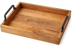 Assorted Collections Wooden Trays with Cast Handles - Premium Quality Decorative Serving Trays for Coffee Table -Wooden Snack Tray Versatile for Meal Service, Home Decor, and Entertaining (Medium)