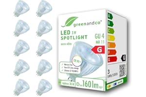 greenandco 10x MR11 GU4 | sostituisce 30W | bianco caldo 3000K | IRC 90+ | 3W 160 lm | 38° | senza sfarfallio | 12V AC/DC | non dimmerabile