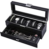 anyasun Leather Watch Box   Men's Watch Box with 6 Slots Storage Box with Drawer Carbon Fiber Design Real Glass Window Surface and Lockable ... 6 compartments with drawer