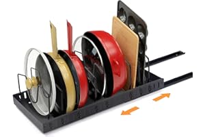 XIAPIA Organizador de sartenes expandible para armario, sartenes y ollas extraíbles para armarios de almacenamiento de cocina con 8 separadores ajustables, soporte para tapa de sartén para organizador