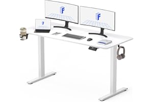FLEXISPOT 140 x 60 cm Electric Standing Desk, Sit Stand Table Height Adjustable Desk with Backpack Hook and Memory Smart Pannel, Home Office Desk White