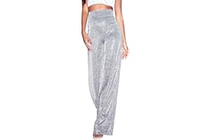 HAOHON Glitzer Hose Damen Schwarz Pailettenhose Weite Hose mit Pailletten High Waist Hose Glitzerhosen Elegant Mesh Freizeithose Frauen Party Festival Club Kostüm Glitzer Hose Silber Gold Weiße Blau