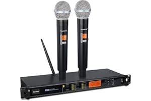 Depusheng T118 - Sistema de micrófono inalámbrico profesional con 2 micrófonos de mano, alcance de 80 m, micrófonos para entrenamiento, karaoke, fiesta, iglesia, canto