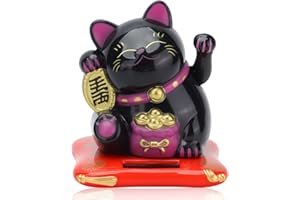 Cyrank Gatto della Fortuna a energia Solare, Braccio ondeggiante Gatto del Benvenuto Gatto della ricchezza Carino Piccolo Gatto Fortunato Feng Shui Decor per la Decorazione della casa(Nero)