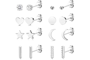 JeweBella 6/8/12/24 Pairs Silver Stud Earrings for Women Men Stainless Steel Small Cubic Zirconia Stud Earrings Set for Multiple Piercings