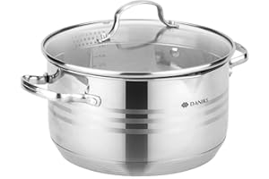 Daniks Tokio Pentola Acciaio Inox con Coperchio, 4.75 L Ø 22 cm, Pasta con Scolapasta Incorporato, per Induzione e Gas, Scala di Misura, Argento