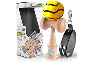 Asoland Kendama - Giocattolo tradizionale in legno - Bilbochetto Giapponese elegante con supporto per cintura - kit completo = supporto + 3 corde + guida - idea regalo (giallo strisce nero)