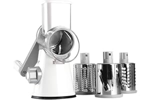 Ourokhome Cheese Grater Rotary Shredder, Kitchen Speed Mandolin Slicer Hand Crank Grinder with 3 Interchangeable Blades and Handle for Cheese, Vegetable, Walnut, Chocolate, Potato, Carrot, White